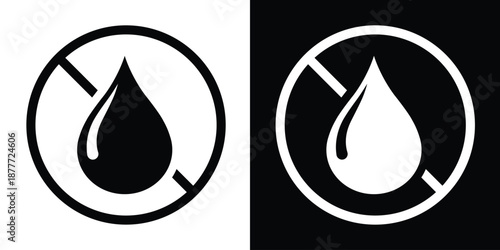 Prohibited water droplet icon in black and white contrast, symbolizing no liquids or non-waterproof conditions. Ideal for safety signage, packaging labels, and UI alert graphics.