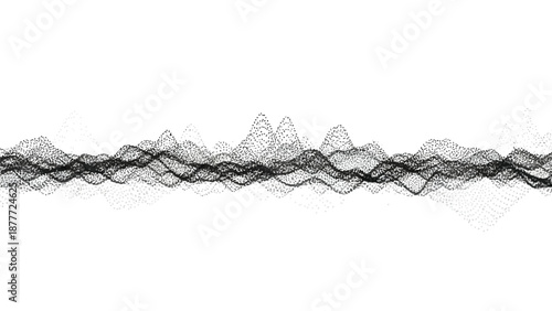 Abstract black and white digital sound wave visualization composed of numerous tiny dots moving horizontally
