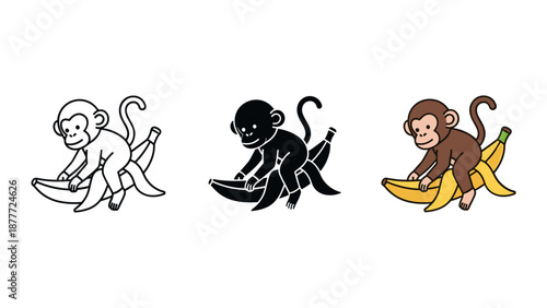 Monkey Eating Banana Vector Illustration Set