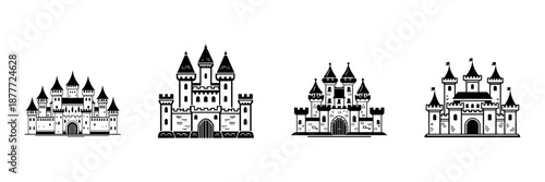 Medieval Castle Icons In Hand Drawn Style Set. Fantasy Architecture, Fairytale Fortress, Historical Landmark Doodle Sketch Collection. Isolated Vector Illustration