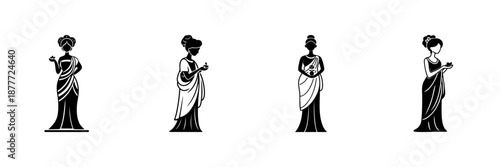 Ancient Greek Goddess Silhouettes In Hand Drawn Style Set. Mythological Female Figures, Classical Attire, And Symbolic Gestures Doodle Sketch Collection. Isolated Vector Illustration
