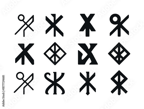 Mystical Runes Icons. Runes and symbols. Icon set. Set Logo of runes and symbols: mysterious coded sigil. harmonious logo variations of the same emblematic