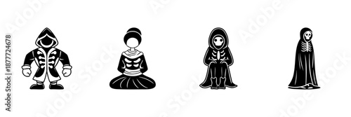 Hooded Skeleton Characters In Hand Drawn Style Set. Halloween, Gothic, And Fantasy Theme Doodle Sketch Collection. Spooky Costume Design. Isolated Vector Illustration