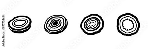 Geode Slice Illustrations In Hand Drawn Style Set. Natural Crystal Cross-Section, Mineral Pattern Doodle Sketch Collection. Geology And Gemstone Art. Isolated Vector Illustration