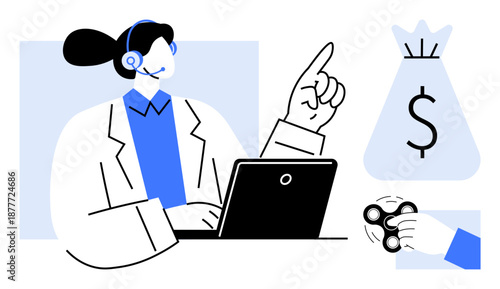 Female customer service agent wearing a headset working on a laptop, pointing upward. Includes money bag finance concept, fidget spinner for focus. Ideal for business, support, finance, productivity