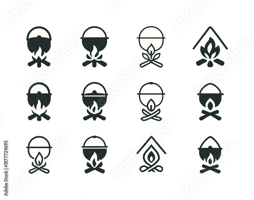 Bonfire Icon Variations. Bonfires and outdoor gatherings. Icon set. Set Logo of bonfires and outdoor gatherings: camping pot over fire. harmonious logo