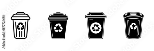 Recycling Bin Icons In Hand Drawn Style Set. Waste Management, Environmental Conservation, Sustainability Doodle Sketch Collection. Eco-Friendly Practices. Isolated Vector Illustration
