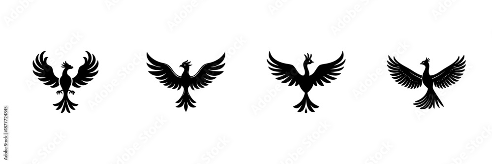 Obraz premium Phoenix Bird Silhouettes In Hand Drawn Style Set. Mythical Creature, Rebirth, And Renewal Symbol Doodle Sketch Collection. Elegant And Majestic Design. Isolated Vector Illustration