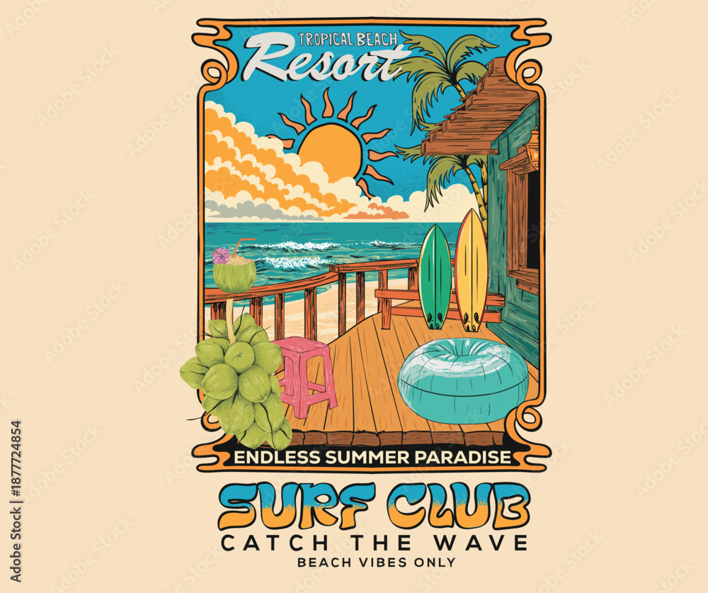 Fototapeta premium Summer good vibes vector graphic design for poster. Happy holiday. Welcome to summer paradise design. Vacation time. Palm tree with resort artwork. Tropical beach resort. Surf club artwork.