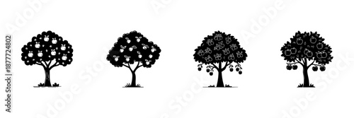 Apple Trees In Hand Drawn Style Set. Fruit Growth Stages, Orchard Development, Seasonal Change Doodle Sketch Collection. Nature Illustration. Isolated Vector Illustration