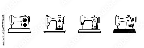 Vintage Sewing Machine Icons In Hand Drawn Style Set. Retro Tailoring, Craftsmanship, Textile Art Doodle Sketch Collection. Sewing Equipment Illustration. Isolated Vector Illustration