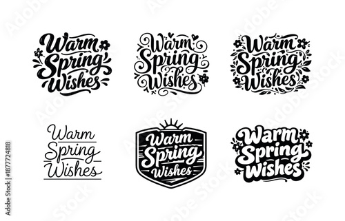 Spring Lettering Variety. Warm Spring Wishes. Set lettering. harmonious lettering variations of the same emblematic concept, each with different artistic