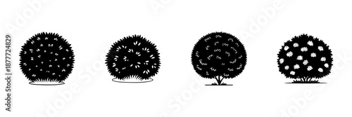Four Bush And Shrub Silhouettes In Hand Drawn Style Set. Garden Landscaping, Horticulture, Decorative Plant Design Doodle Sketch Collection. Nature Elements. Isolated Vector Illustration