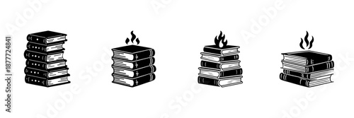 Stack Of Books With Flames In Hand Drawn Style Set. Knowledge, Censorship, Intellectual Freedom Doodle Sketch Collection. Burning Books Symbolism. Isolated Vector Illustration