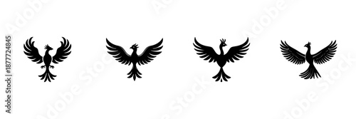 Phoenix Bird Silhouettes In Hand Drawn Style Set. Mythical Creature, Rebirth, And Renewal Symbol Doodle Sketch Collection. Elegant And Majestic Design. Isolated Vector Illustration