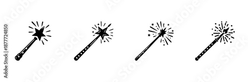 Magic Wand Icons In Hand Drawn Style Set. Enchantment, Fantasy, Wizardry Doodle Sketch Collection. Magical Tools And Spells. Isolated Vector Illustration