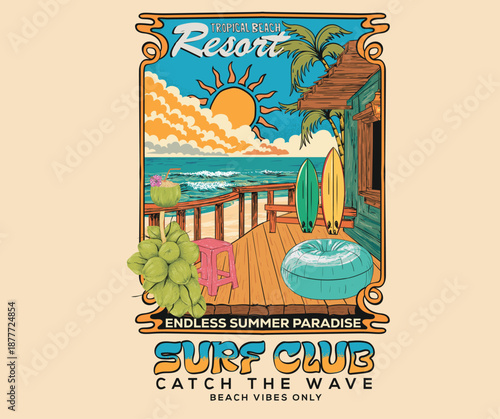 Summer good vibes vector graphic design for poster. Happy holiday. Welcome to summer paradise design. Vacation time. Palm tree with resort artwork. Tropical beach resort. Surf club artwork.