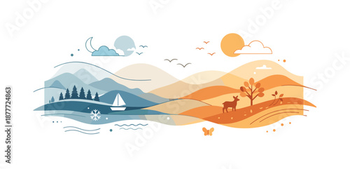 Seasonal Transition Art. Nature balance transition illustration. Abstract layers of land and air shifting gently from cold to warm tones, aligned in a stable