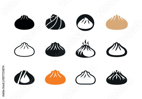 Dumpling Logo Variations. street food. Icon set. Set Logo of street food: dumpling shape. harmonious logo variations of the same emblematic concept, each with