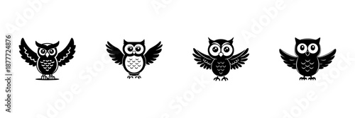 Owls With Outstretched Wings In Hand Drawn Style Set. Wisdom, Knowledge, Nocturnal Bird Symbol Doodle Sketch Collection. Educational And Nature Themes. Isolated Vector Illustration
