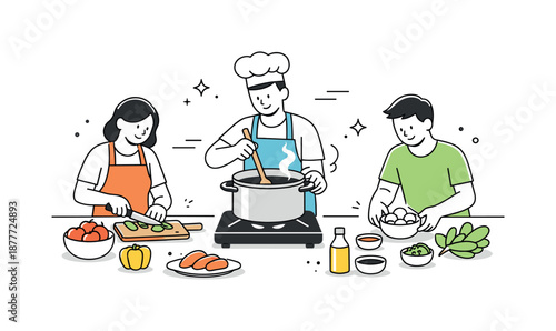 Traditional Cooking Collaboration. People preparing traditional food cooking process. A person stirring a pot while others chop vegetables and