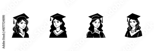 Female Graduates In Cap And Gown In Hand Drawn Style Set. Academic Achievement, Graduation Celebration, Education Success Doodle Sketch Collection. Isolated Vector Illustration
