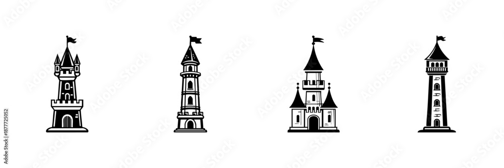 Fototapeta premium Castle And Tower Icons In Hand Drawn Style Set. Medieval Architecture, Fantasy Fortresses, And Fairytale Towers Doodle Sketch Collection. Historic Building Illustrations. Isolated Vector Illustration