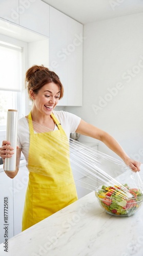 Woman stretching cling wrap over salad in modern kitchen  