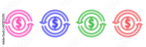 Set of colorful neon dollar exchange vector icons depicting financial transactions and currency refresh in a modern digital business context