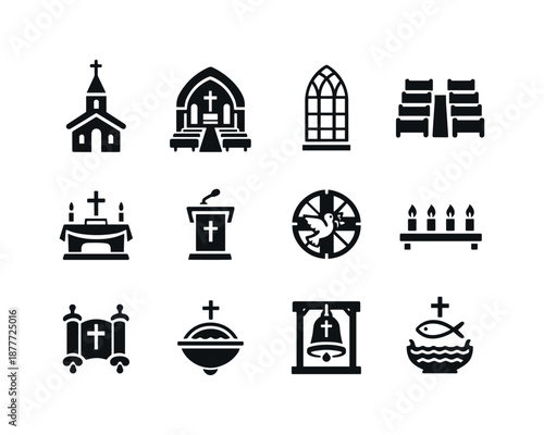 Church Baptism Icons. Baptism in church setting. Solid icon set of baptism in church setting: steeple, nave interior, window arch, pew row, altar table,