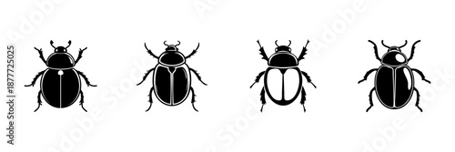 Four Beetle Silhouettes In Hand Drawn Style Set. Insect Identification, Entomology Study, Nature Exploration Doodle Sketch Collection. Black And White Illustration. Isolated Vector Illustration