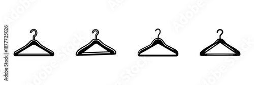 Clothing Hanger Icons In Hand Drawn Style Set. Wardrobe Organization, Garment Storage, Fashion Display Doodle Sketch Collection. Closet Essentials. Isolated Vector Illustration