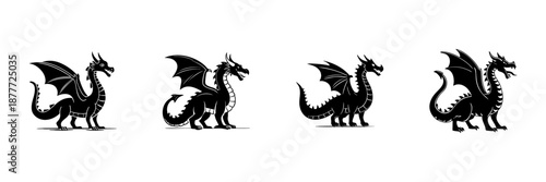 Dragon Silhouettes In Hand Drawn Style Set. Mythical Creature, Fantasy Beast, Legendary Symbol Doodle Sketch Collection. Fierce And Majestic. Isolated Vector Illustration