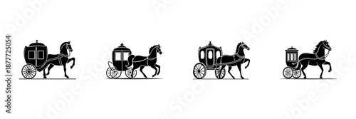 Horse-Drawn Carriages In Hand Drawn Style Set. Vintage Transportation, Historical Travel, Classic Carriage Doodle Sketch Collection. Elegant Nostalgic Design. Isolated Vector Illustration