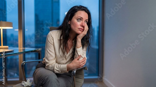 Woman crying in office chair looking distressed in modern workspace  
