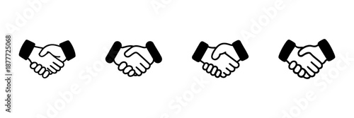 Handshake Icon Set In Hand Drawn Style. Business Agreement, Partnership, Collaboration Symbol Doodle Sketch Collection. Professional Networking, Deal Making. Isolated Vector Illustration