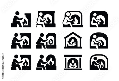 Fireplace Icons Variations. People enjoying a warm fire in the fireplace. Icon set. Set Logo of people enjoying a warm fire in the fireplace: person warming