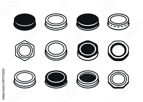Mason Jar Lid Logos. mason jar lid. Icon set. Set Logo of mason jar lid: lid with sealing ring. harmonious logo variations of the same emblematic concept, each