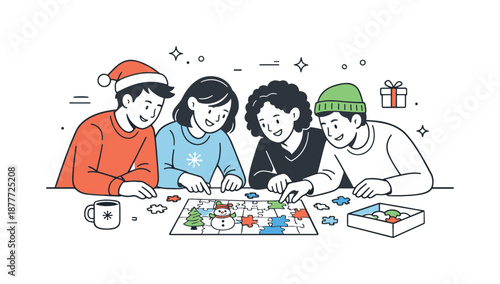 Holiday Puzzle Gathering. Friends doing holiday puzzle together. Group leaning toward the table searching for matching pieces, relaxed conversation and shared
