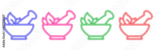 Multiple variants of colorful neon mortar and pestle icons with glowing leaves, symbolizing herbal medicine, pharmacy, and wellness, isolated on transparent background.