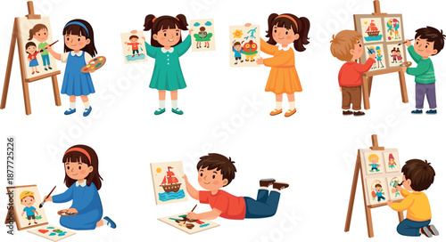 Children painting and drawing vector set with kids creating artwork on easels and paper for art class and creative education in flat cartoon illustration style isolated on white background