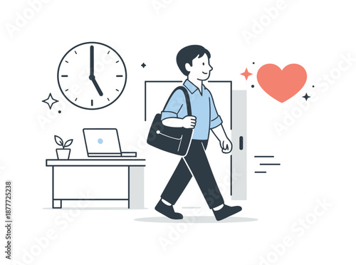 Achieving Balance Bliss. Work-life balance. Person leaving the office on time with a bag while a clock and heart icon appear nearby, symbolizing healthy