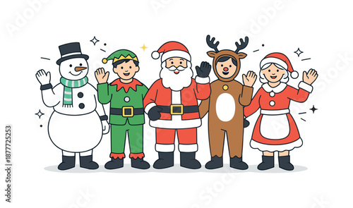 Festive Costume Joy. People dressed as holiday characters. Group of adults in festive costumes smiling and waving, cheerful mood and playful seasonal