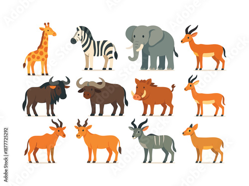 Savanna Herbivore Icons. Herbivores of the savanna. Colorful flat vector icons set of herbivores of the savanna: giraffe, zebra, elephant, antelope,