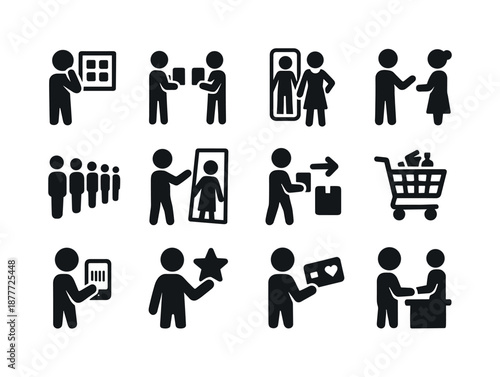 Shopping Icon Set. Shopping behavior. Solid icon set of shopping behavior: browsing icon, compare product, try-on icon, ask staff icon, queue icon, pick item,