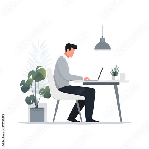 Man Working on Laptop at Desk.