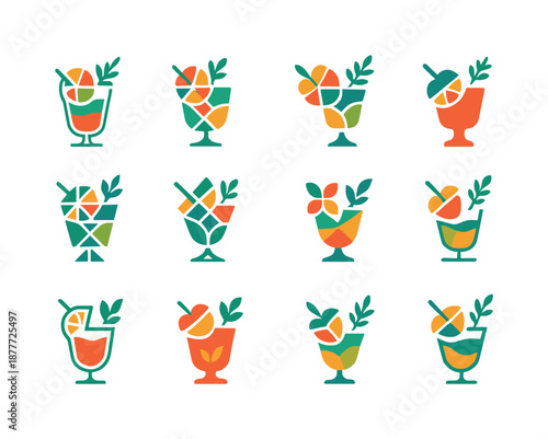 Colorful Cocktail Icon Set. A collection of colorful cocktails garnished with fruit and herbs. Icon set. Set Logo of colorful cocktails garnished with fruit
