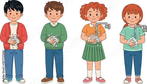 Children washing hands vector illustration showing kids practicing personal hygiene and cleanliness with soap and water in flat cartoon style isolated on white background