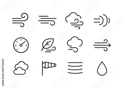 Wind Icon Set. Wind and atmosphere. Line icon set of wind and atmosphere: wind swirl, gust lines, cloud puff, pressure wave, barometer, breeze leaf, storm