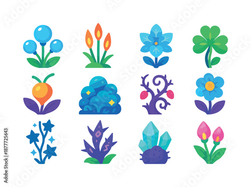 Magical Plant Icons. Magical plants. Colorful flat vector icons set of magical plants: mana bulbs, ember reeds, frost petals, arcane clovers, glowing sap pods,